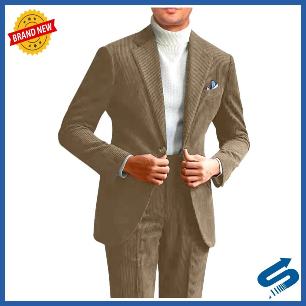 Slim Fit Corduroy Suit Set 2-Piece Blazer Pants for Wedding Business